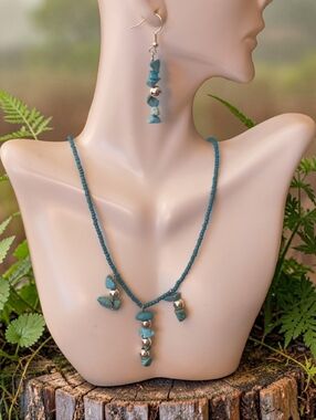 Handmade Turquoise Beaded Necklace and Earrings Set - Teal Blue